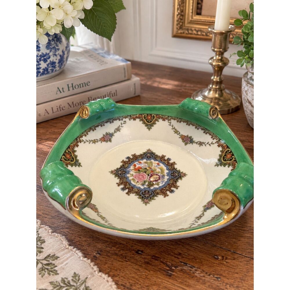 Antique Noritake Morimura Bowl Green Floral Gold M Wreath Japan 1920s 8"
